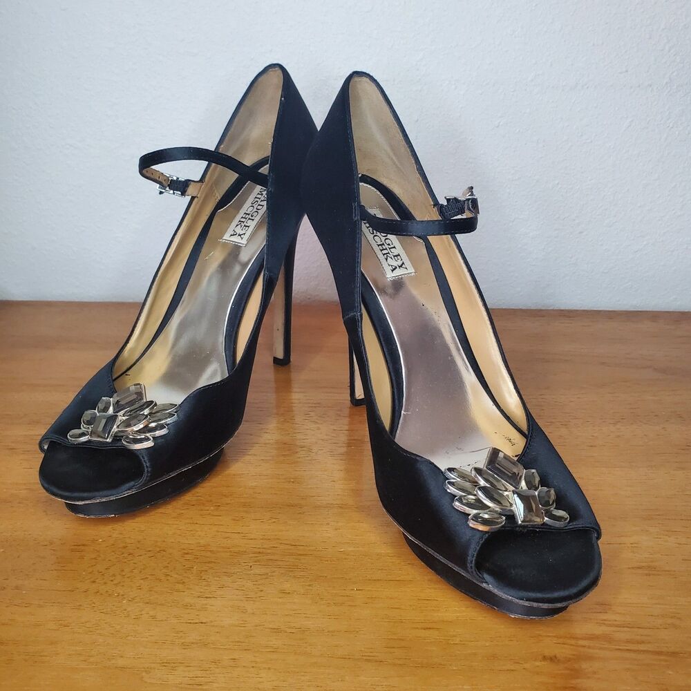 Badgley Mischka Black Satin Heels 4.5" Rhinestone Ankle Strap Classic Shoe SZ10M